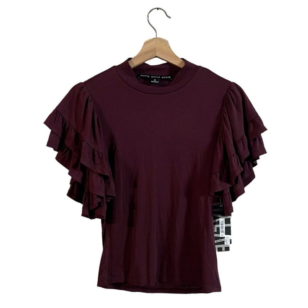 HyFive Knit Top Size Small Maroon Deep Red Tiered Ruffle Sleeve Blouse